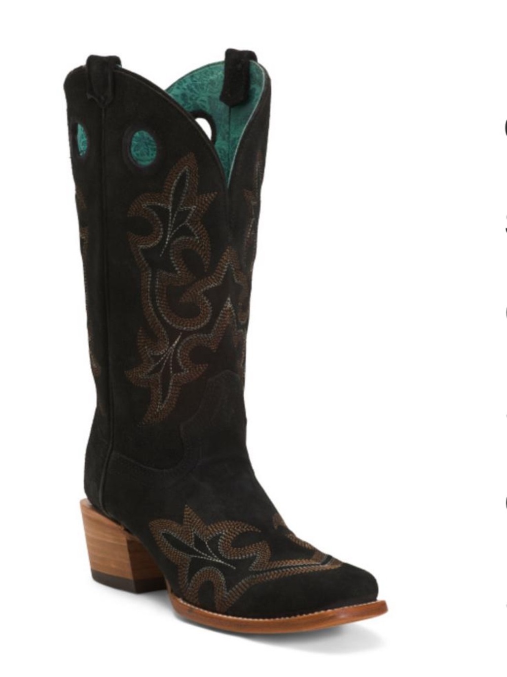 Women’s Black Suede Western Heeled Boots with Embroidered Detail